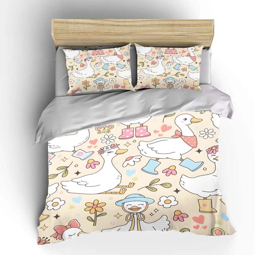 Cartoon Geese and Flower Pattern Duvet Cover Set Digital Print Colorful Polyester Bedding with Zipper Closur for Kids Gifts