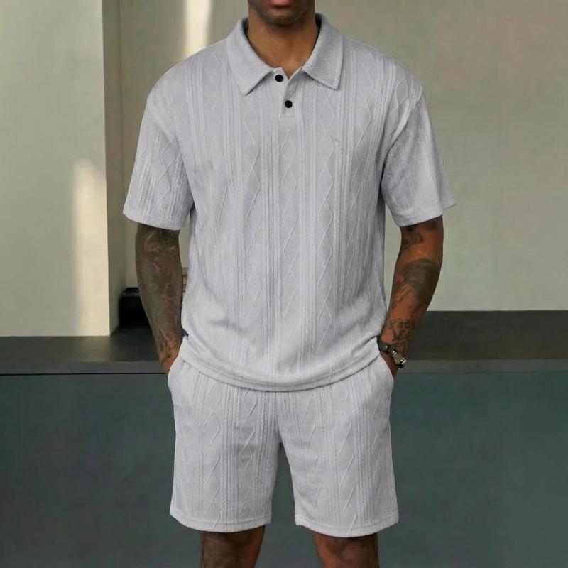 Men Cable Knit Texture 2 Piece Outfit Short Sleeve Polo Shirt And Casual Shorts Set