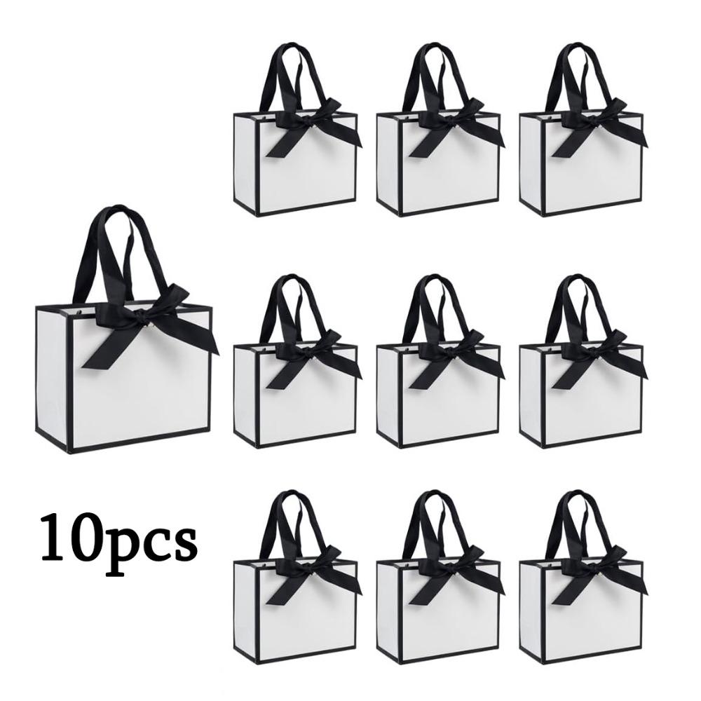 10pcs Small White Black Gift Bags with Handles Thank You Bags with Bow Ribbon Party Favor Bags