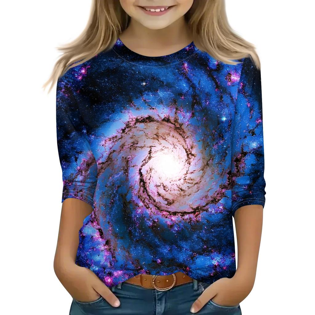 Bedruckte Oberteile für junge Mädchen von 5–16 Jahren, Rundhalsausschnitt, 3/4-Ärmel, T-Shirts, trendige Oberteile, Outfit-T-Shirts