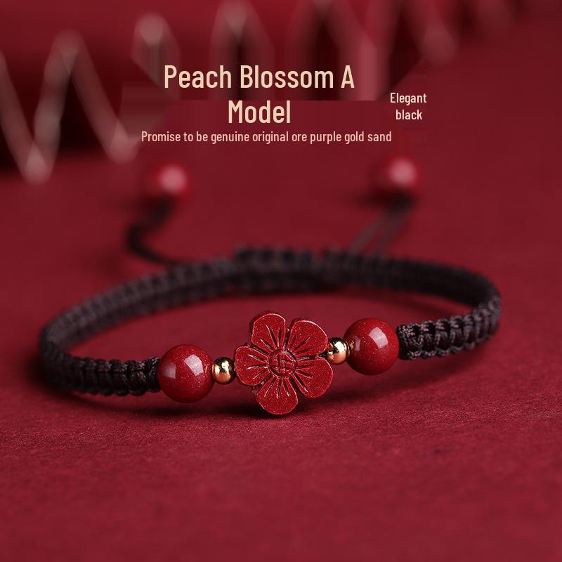 Authentic Cinnabar Four-Leaf Clover Bracelet with Purple Gold Sand and Red Rope for Women and Children