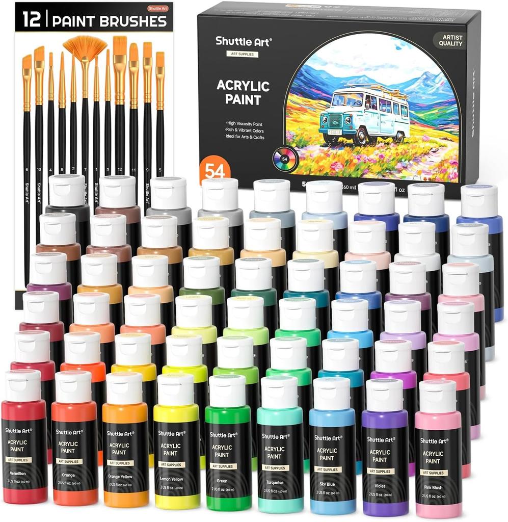 Shuttle Art Acrylic 54 with 12 Large Capacity and Fluorescent for and Tole Painting on and Art Supplies for and Professionals Paints, Colors, Brushes,