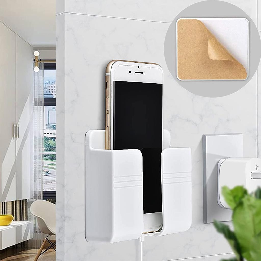 10pcs Wall Mount Phone Holder White Punch Free Wall Mobile Phones Charging Stand Lazy Sticky Remote Control Storage Box