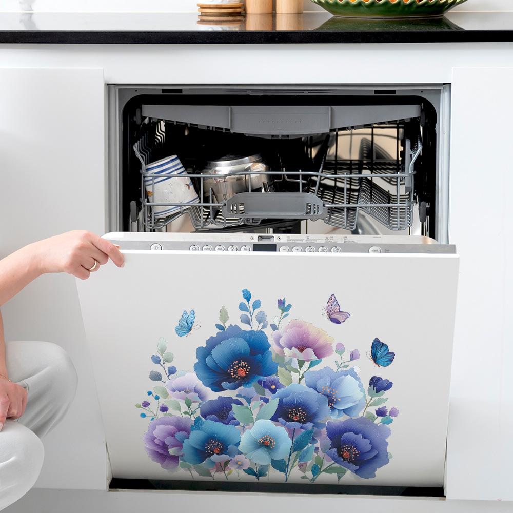 Hand-Painted Blue Purple Floral and Butterfly Wall Sticker Elegant Dreamy Self-Adhesive Removable Decor for Bedroom Home