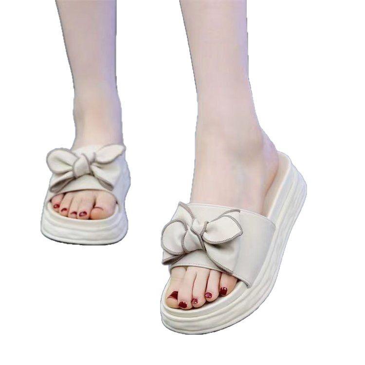 Slippers Female Summer Go Out Thick-soled Bow 2025 New Wear Soft-soled Fashion Fairy One-word Cool Slippers Explosion