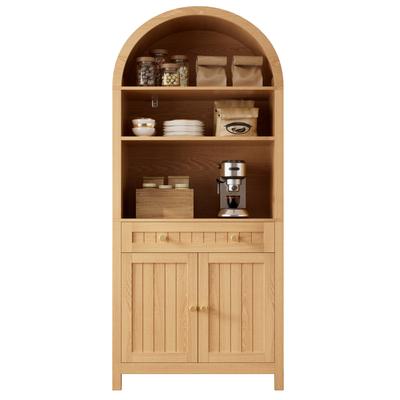 Tall Standing Cabinet with Arched Front, Sideboard, Double Doors with Spice Racks On Both Inner Sides, Chipboard+MDF for Kitchen and Living Room