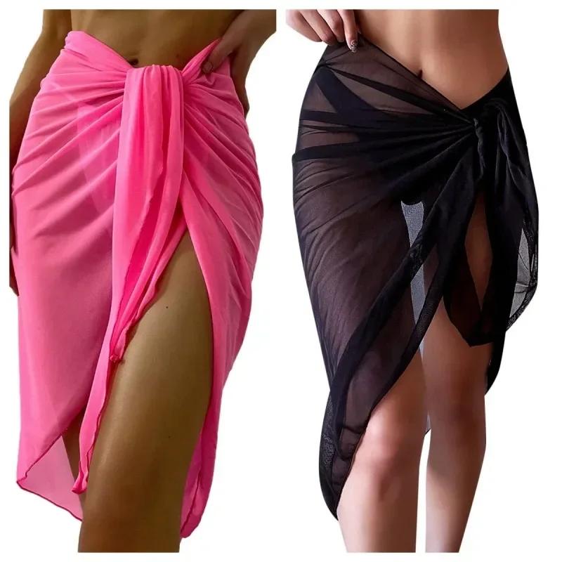 Letnia Sukienka Plażowa Kopertowa Przezroczysta Kopertówka Węzeł w Talii Strój Kąpielowy Cover Up Spódnica Bikini Kopertówki Szalik Stroje Kąpielowe Cover Ups Kobiety Szale do Bikini