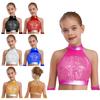 Top Corto da Ballo per Bambine, Senza Maniche, Collo Alto Finto, Patchwork Glitter Paillettes, Foro sulla Schiena, per Competizioni sul Palco