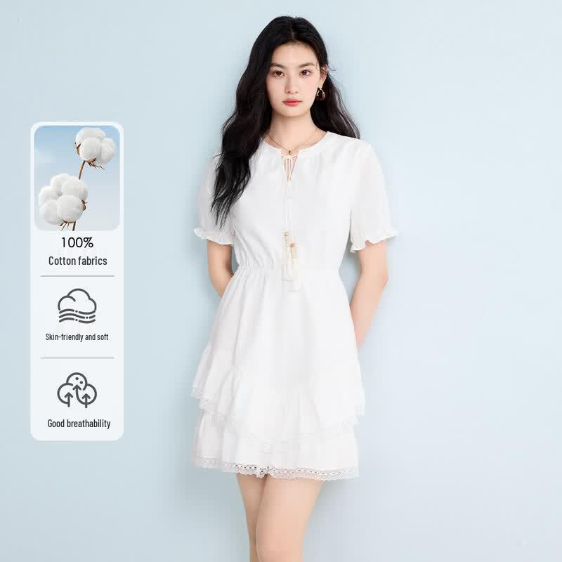 FivePlus White Moonlight French Lace Cotton Midi Dress S