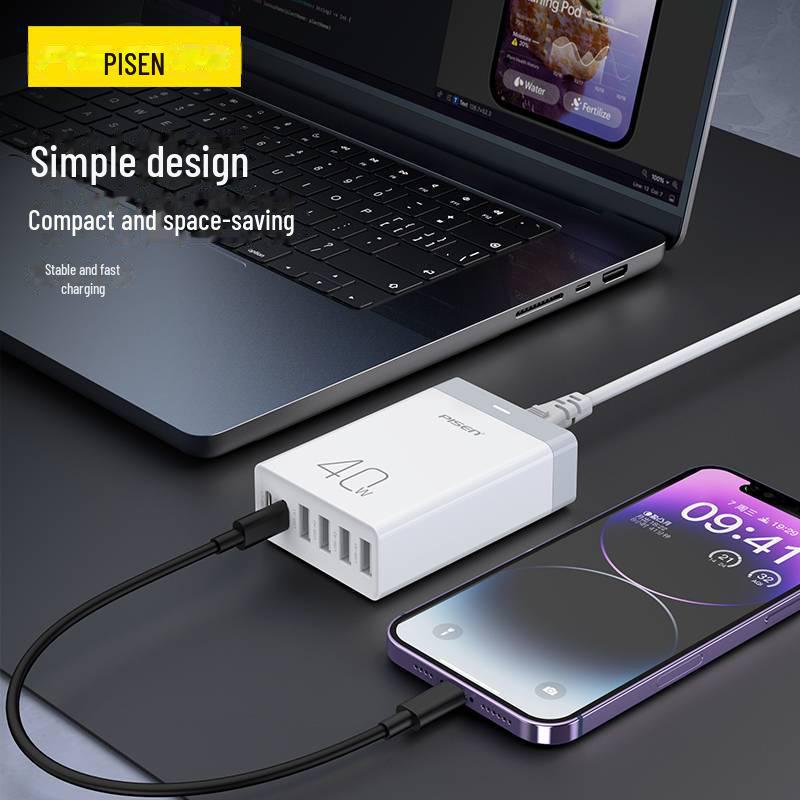 PISEN 40W 6-Port Fast Charger, 4 USB, 20W PD for Apple & Android