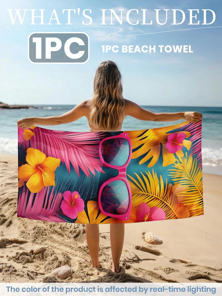 Vibrant Tropical Sunglasses and Hibiscus Print Quick Dry Lightweight Breathable Comfortable Beach Towel Summer Pool Outdoor Use