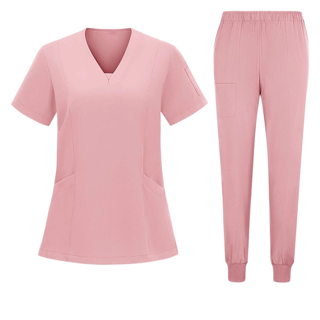 Women's Short Sleeved Color Round Neck Pocket Top Pants Work Clothes Two Piece Set
