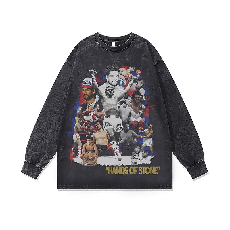 Hip Hop Rap Portrait Print Vintage Washed Long Sleeve T-Shirt Fall And Winter Loose Cotton Crew Neck Base Shirt For Men