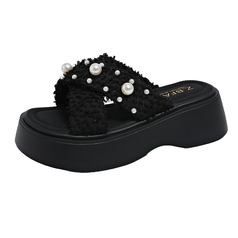 

Fairy wind pearl cool slippers female 2025 summer Korean version new thick bottom cross with open toe beach slippers female 40 чорний