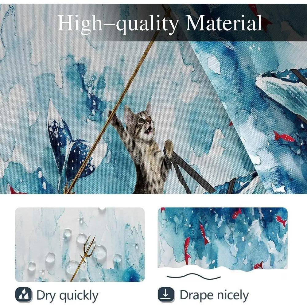 Funny Cat Riding Whale Printed Shower Curtain Ocean Wave Anime Artwork For Kids Bathroom Decor
