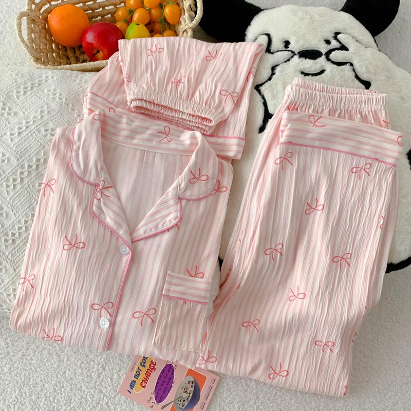 Retro Small Floral High-End Wrinkled Cloth Pajamas Women'S Summer Casual Homewear Short-Sleeved Three-Piece Set
