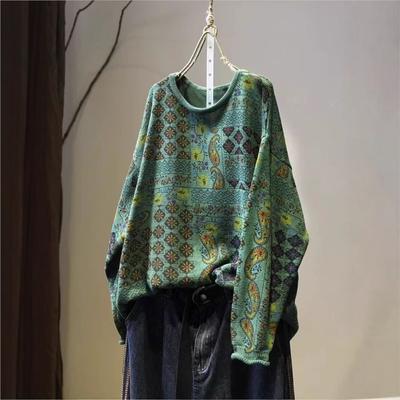 Vintage Print Loose Casual O-Neck Sweater Woman Winter Niche Long Sleeves Retro Personality Sweaters