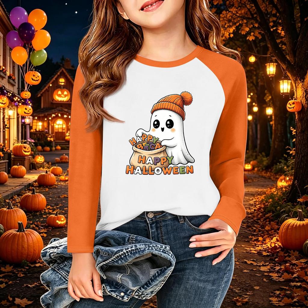 Kids' Halloween Printed Long Sleeve Neck T-Shirt for Casual Wear