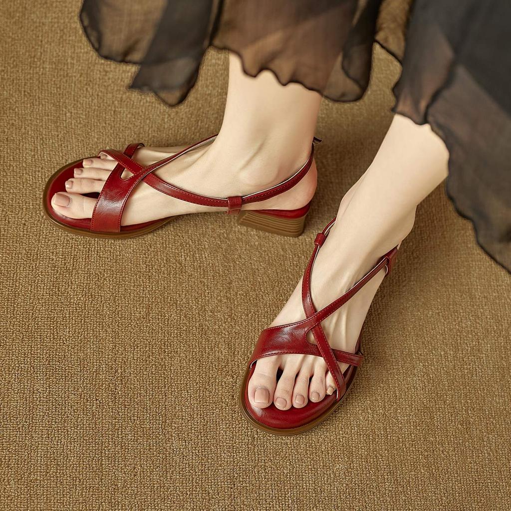 Krazing Pot Cow Skin Thick Med Heels Peep Toe Summer Size 42 Brand Shoes Concise Design Gladiator Elegant Women Sandals