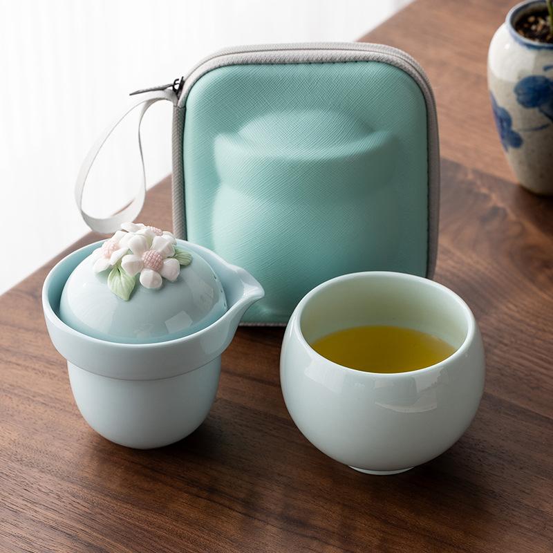 Pink travel camping outdoor portable storage bag kung fu tea set women's handmade pinched flower souvenir