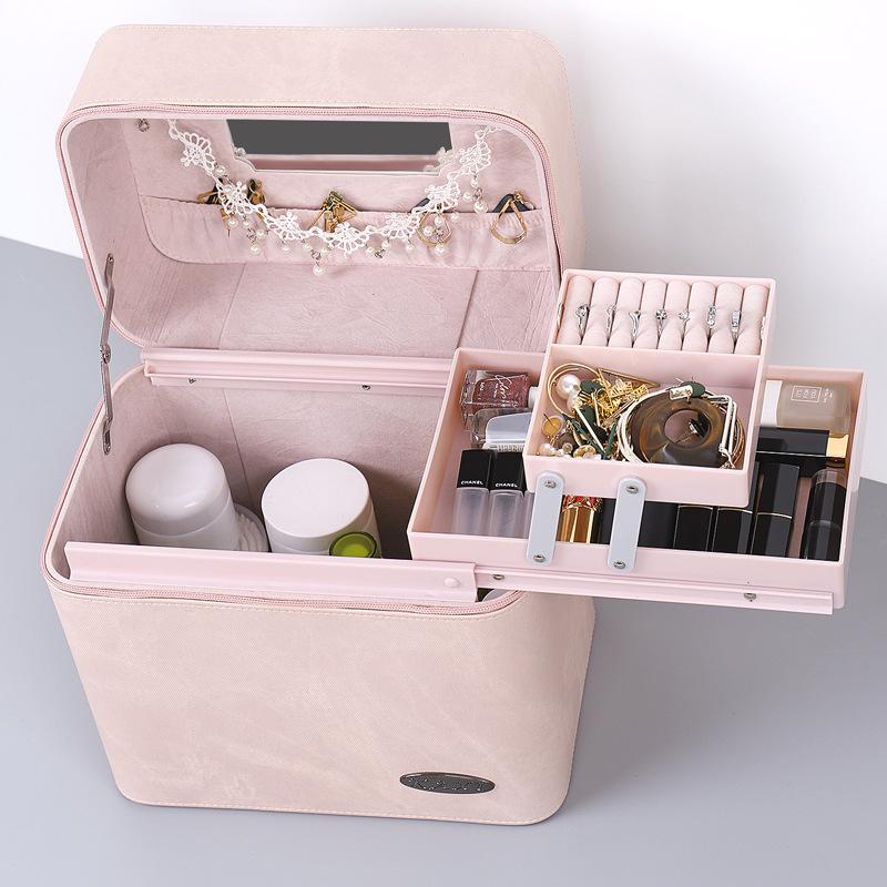 

Large Capacity Cosmetic Box Pu Leather Waterproof Make-Up Case Lipstick Jewelry Organize Storage Multifunctional Box With Mirror