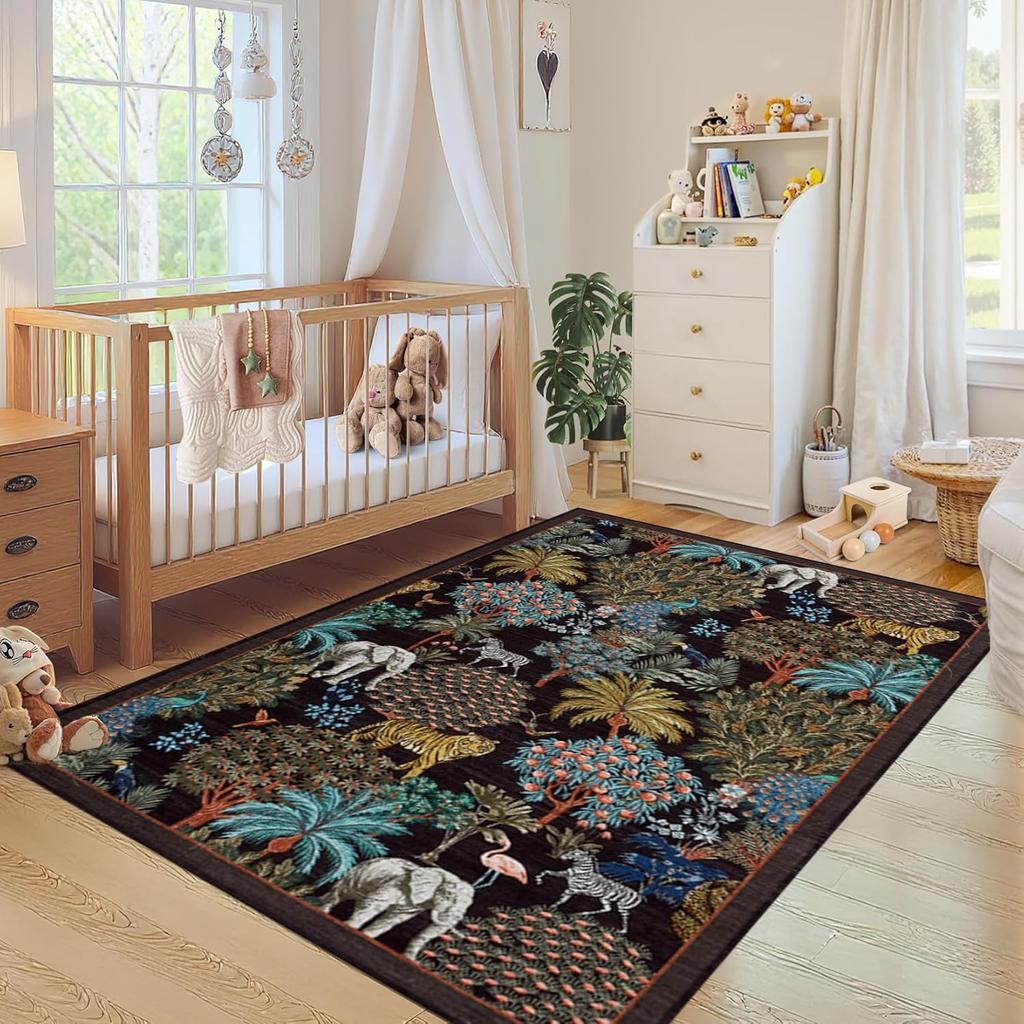 Tappeto per Area con Stampa Animali della Giungla, Design Tigre Elefante Zebra Safari, Tappetino Antiscivolo per Camera dei Bambini, Asilo Nido, Arredamento Casa