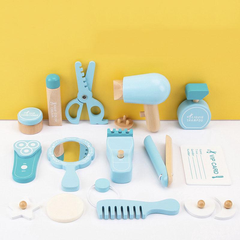 Kids Pretend Play Toy Wooden Simulation Hair Cutting Bag Role Playing Educational Toys 3-6 Year Old Children's Waist Bag Set