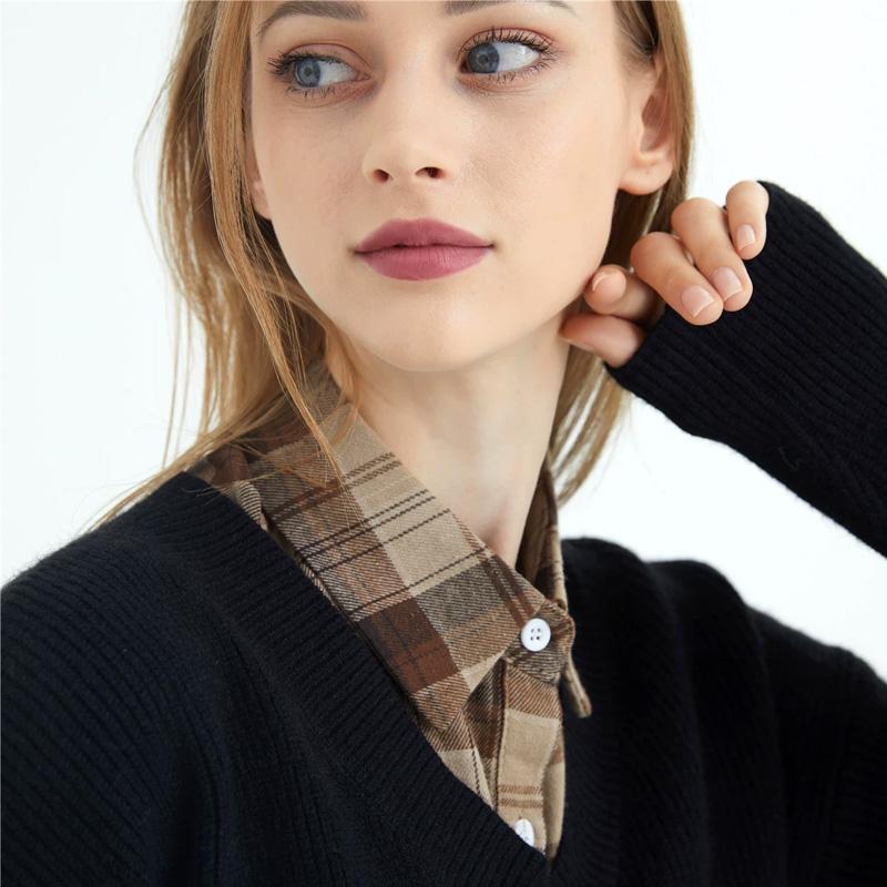 1Pc Fake Collar Leisure Travel Maillard Elegant Checkered Various Tops Shirt Lining Sweater Inner Layer Brown Tones
