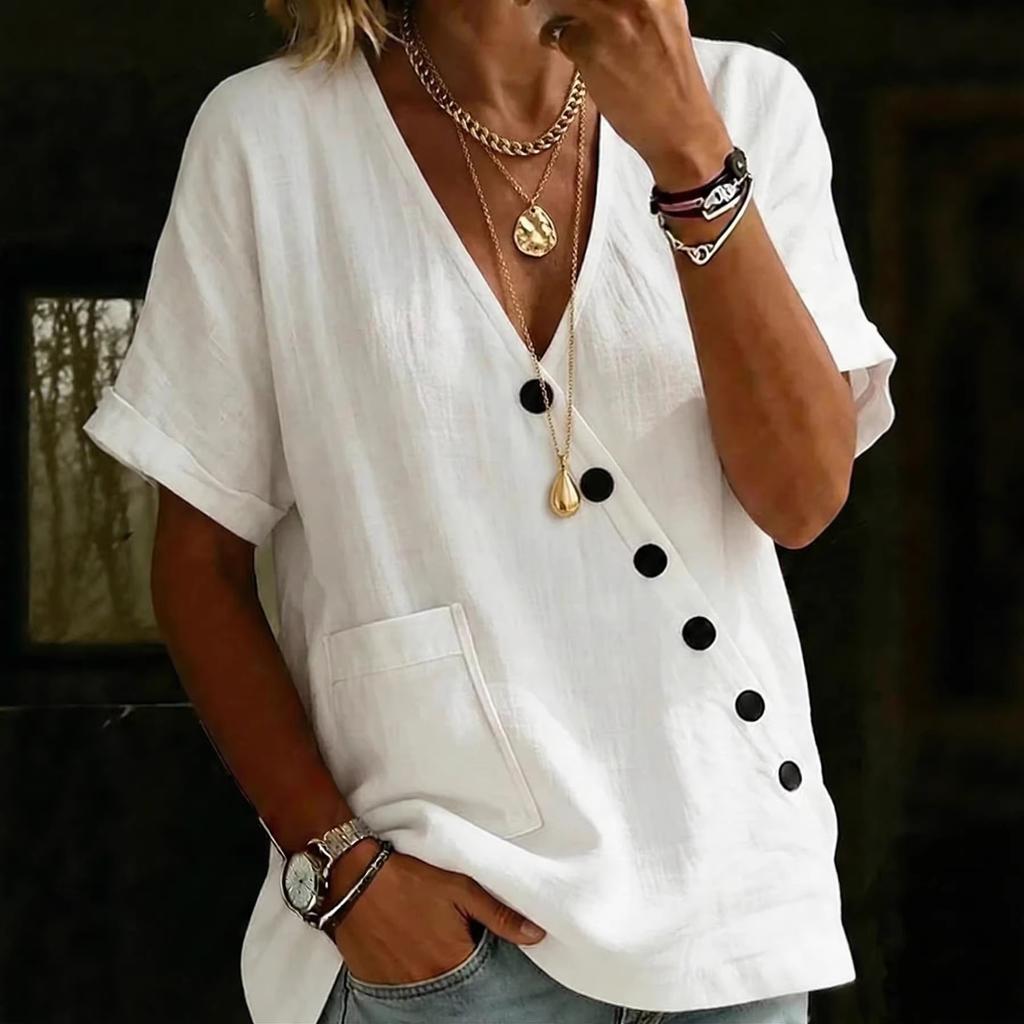 New Women's Shirt Top V-Neck Solid Color Casual Comfortable Button Cotton and Linen Shirt
