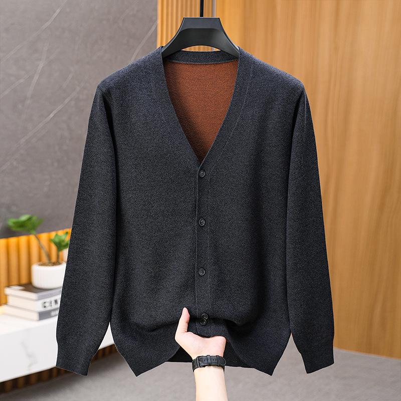 Men's Thick Wool Deep V-Neck Cardigan for Autumn/Winter - Double-Sided Style for Middle-Aged and Elderly