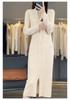 Women's V-Neck Cable Knit Wool Dress - Slimming Over-the-Knee Style with Long Sleeves and Slit for Autumn/Winter