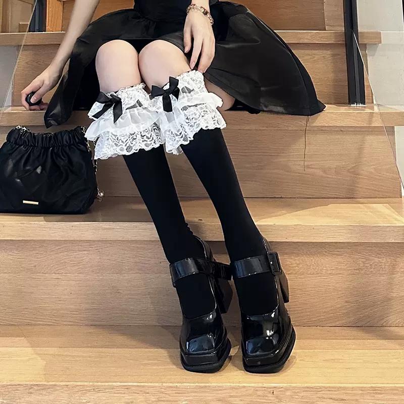 2026Lolita Multi-layer Lace Lace Calf Socks, Bow Cotton Socks, Thigh-high Socks, Beautiful Fairy Japanese-style Mid-calf.