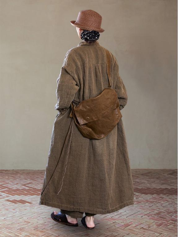 Autumn Barn Wind Trench Coat: Incense Color Ramie Cotton Long Sleeve Versatile Dress Coat C0930