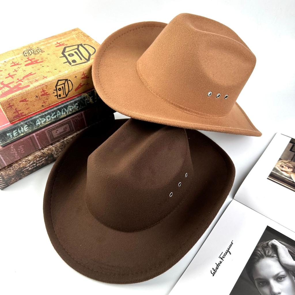 Men'S And Women'S Cowboy Hats Woolen One-Word Top Fashion Punched Hat Jazz Hat Big-Brimmed Top Hat