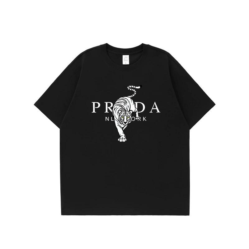 

Summer tiger print pure cotton T-shirt street style retro round neck short sleeved top for men 3XL чорний