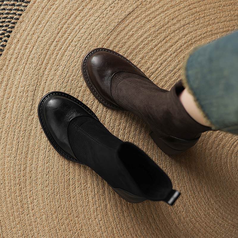 Krazing Po Microfiber Flock Winter Round Toe Size 33 Chelsea Boots Size 43 Zipper Thick High Heels Elastic Ankle Boots