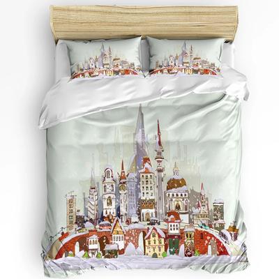 Set Biancheria da Letto 3 Pezzi Copripiumino Federa Case di Natale Città Edifici Castello Bambini Adulti Copripiumino Set Letto Matrimoniale Tessile per la Casa