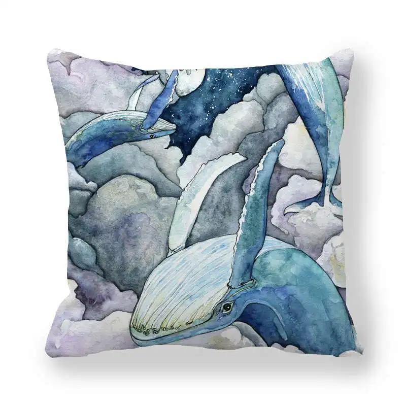 Watercolor Whale Polyester Throw Pillow Cover Sofa Bedside Cushion Pillowcase Ocean Blue Sea Fish Decorative Pillowcases 45X45Cm