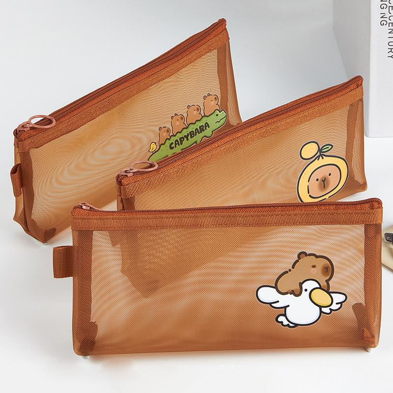 Capybara Mesh Pencil Bag Large Capacity Storage Bag Cartoon Design Simple Transparent Stationery Storage Bag