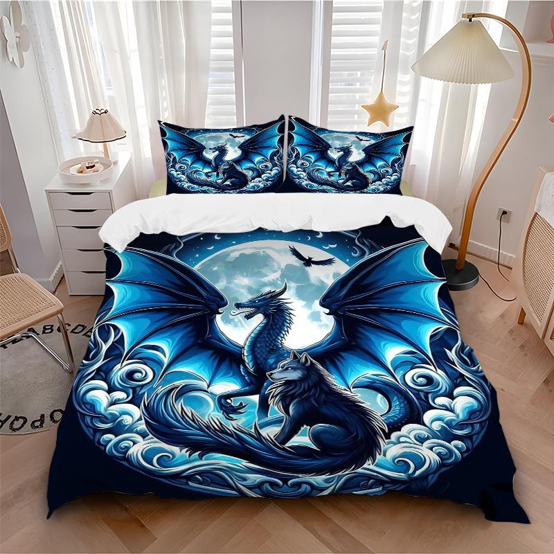 3pcs Dragon and Wolf in a Mystical Night Sky Printed Quilt Set - Soft and Comfortable Quilt Cover for Bedroom, Guest Room J022