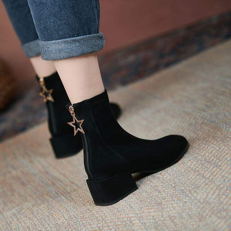 Short boots Skinny new women's autumn and winter velvet thin boots Square head versatile single boots Martin boots Medium heel thick heel boots