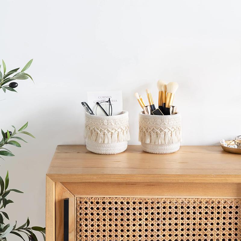 LMETJMA Macrame Makeup Organizer Boho Wicker Pencil Holder Makeup Brush Holder Organizer Comb Brushes Mini Storage Basket