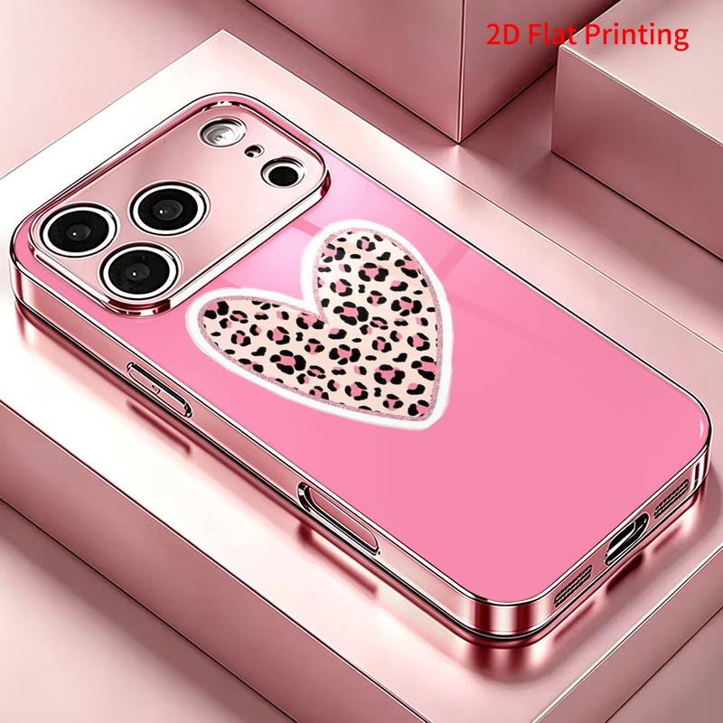 2DFlat electroplated tempered glass phone case,Heart Leopard Print Design,suitable for iPhone 18 Pro Max 17 16 15 14 13 12 11