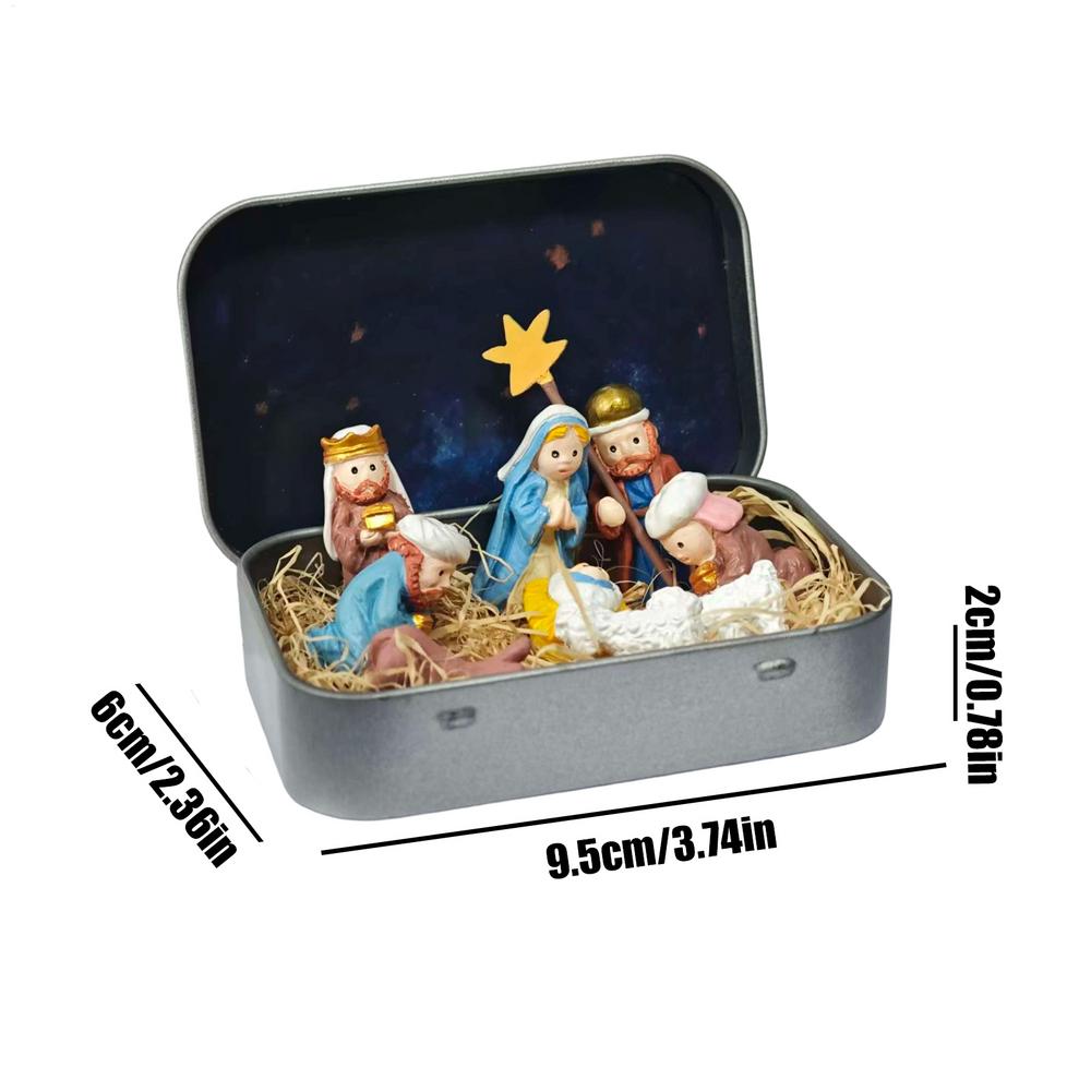 

Nativity Set in Tin Box Mini 3D Small Religious Holy Figurines Holy Family Christmas Religious Decoration for Desk Shelf Office