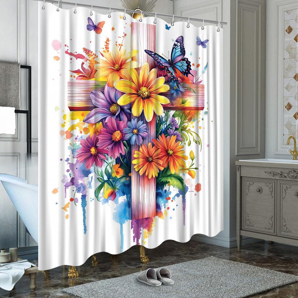 Vibrant Floral & Butterfly Cross Shower Curtain, Spiritual Theme, Fade-Resistant Polyester, Durable Bath Decor