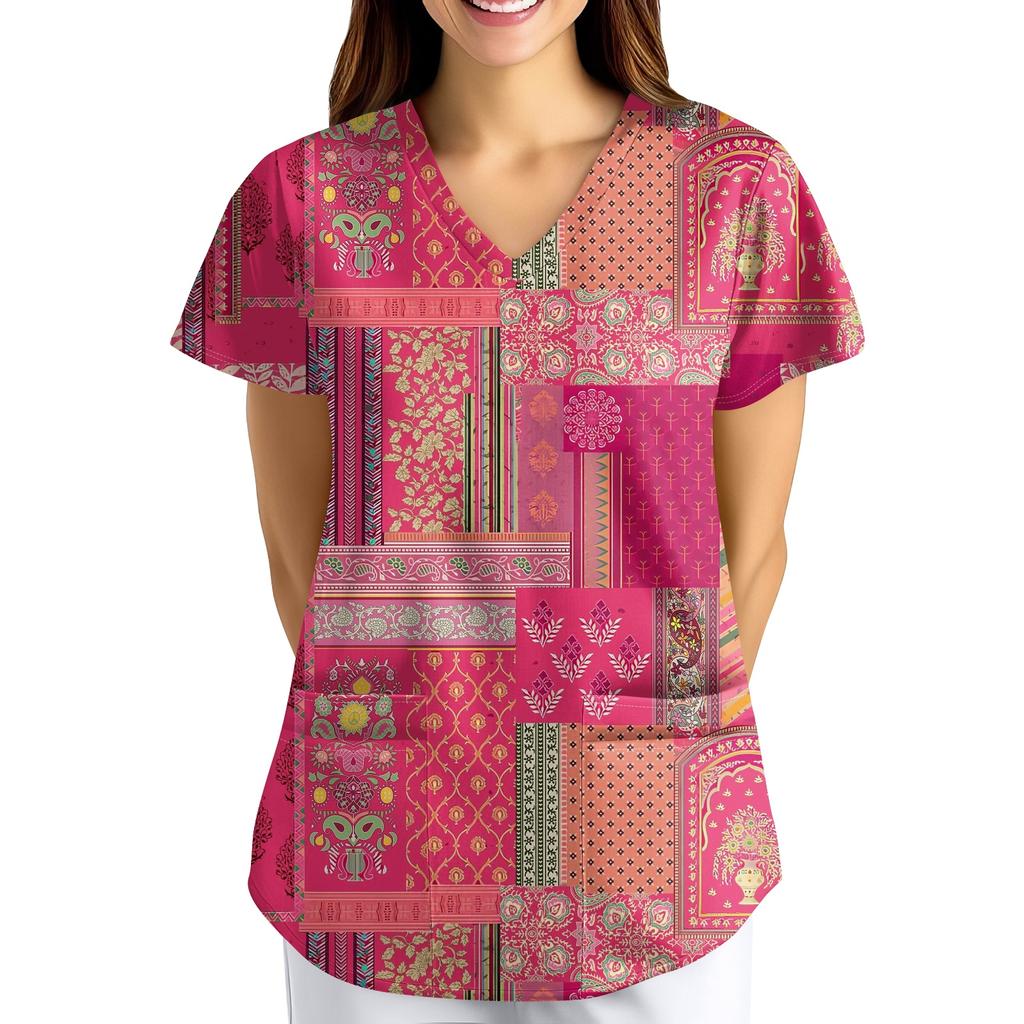 Plus SizePrinted Scrub Working Uniform Tops For Women's Cross V-Neck Print Short Sleeve Fun T-Shirts Workwear Tee With Pockets