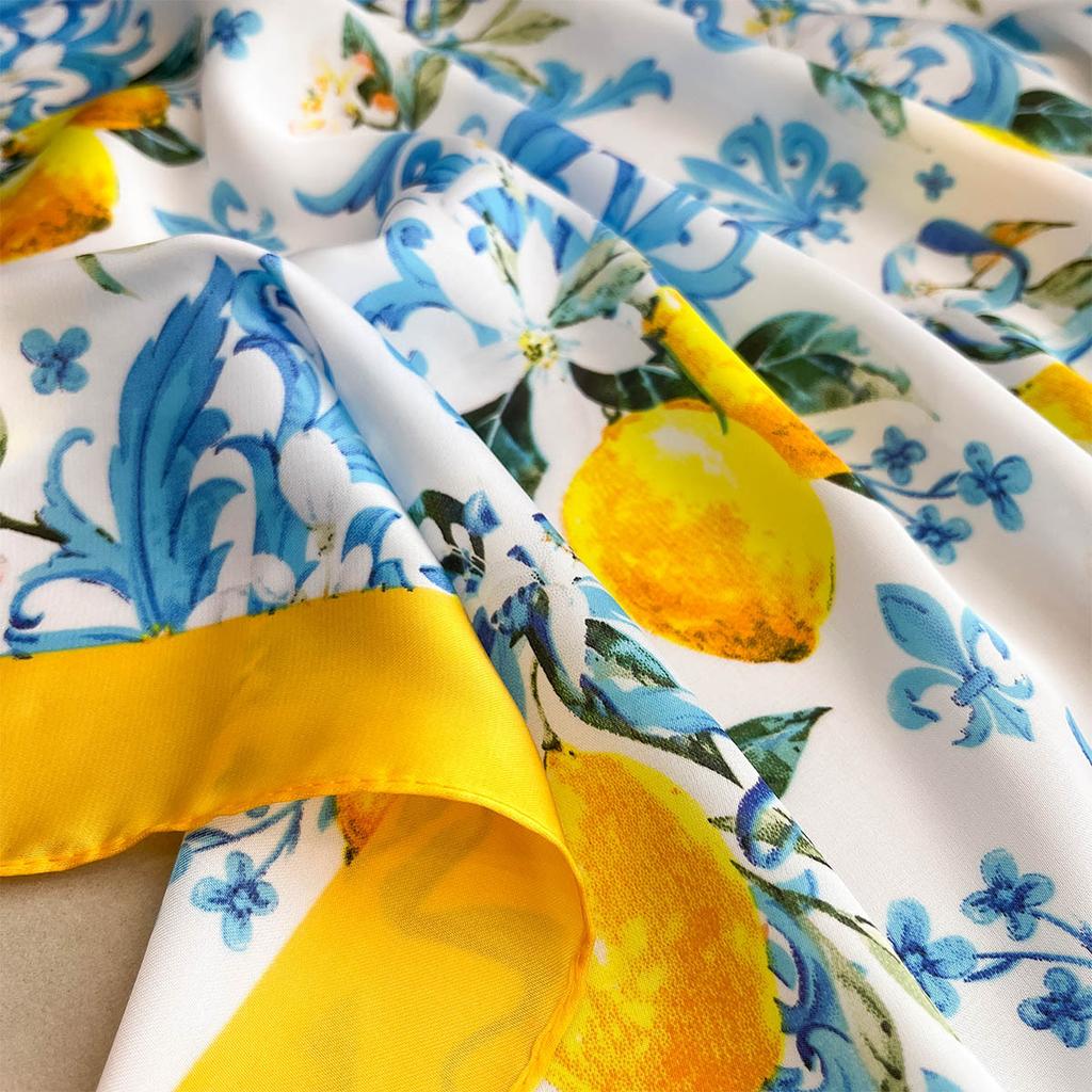1pcs Summer Bright Color Oil Painting Lemon Print Small Square Women Satin Neck Tie Scarfs Soft Neat Ladies Neckerchiefs