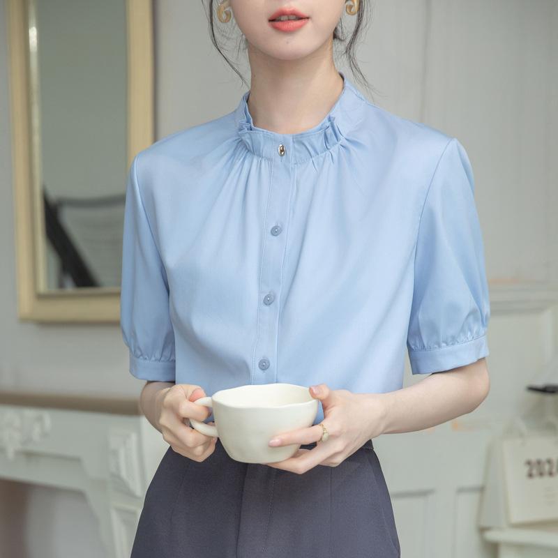 GMXIA Women's Blue Short Sleeve Shirt Summer Tops Premium Feeling Temperament Commuting Interview Career Small Shirt