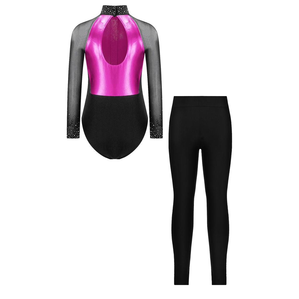 Κολάν με Ριπίδια και Στρας για Κορίτσια, Color Block, Patchwork, Διχτυωτό, Μακρυμάνικο, Σετ Γυμναστικής