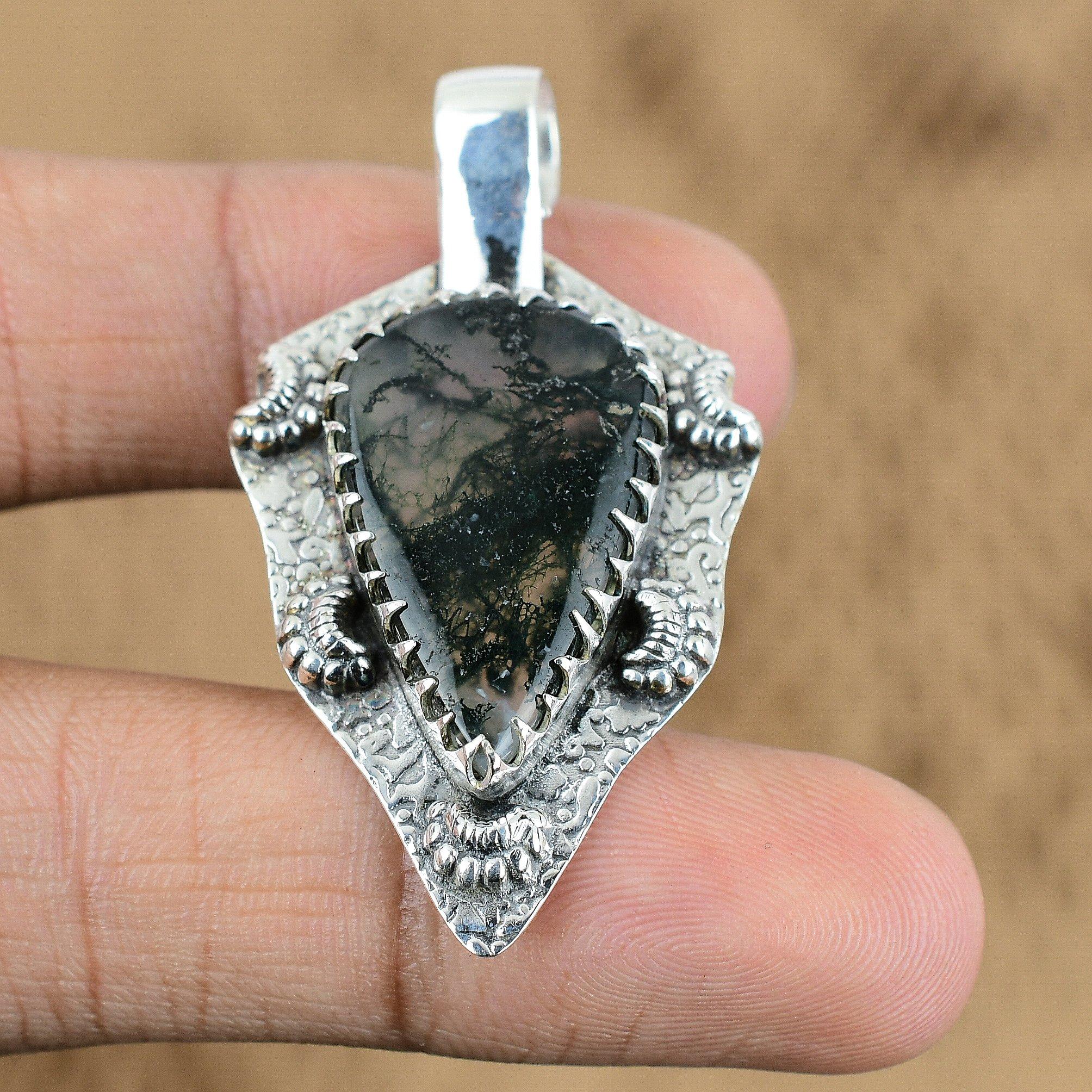 

Natural Solar Moss Agate Gemstone Pendant 925 Sterling Silver Indian Jewelry